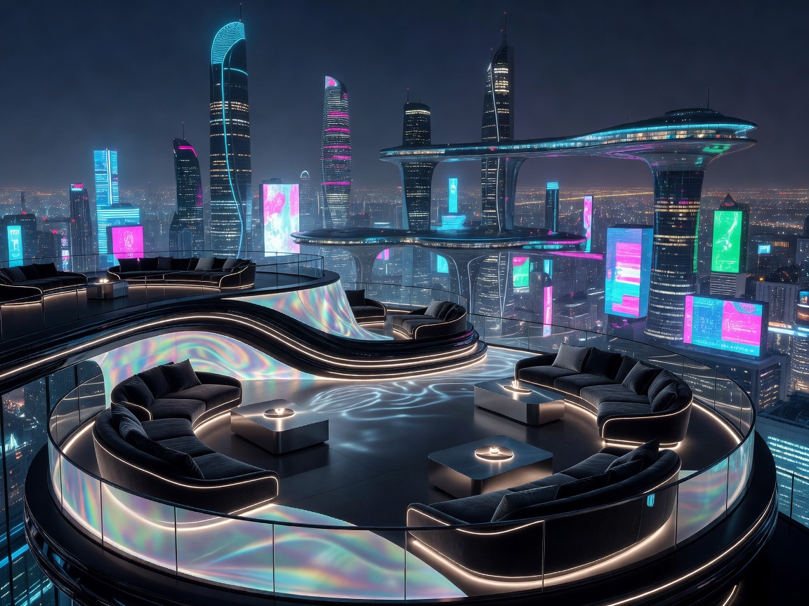 Luxury rooftop terrace overlooking the neon future city