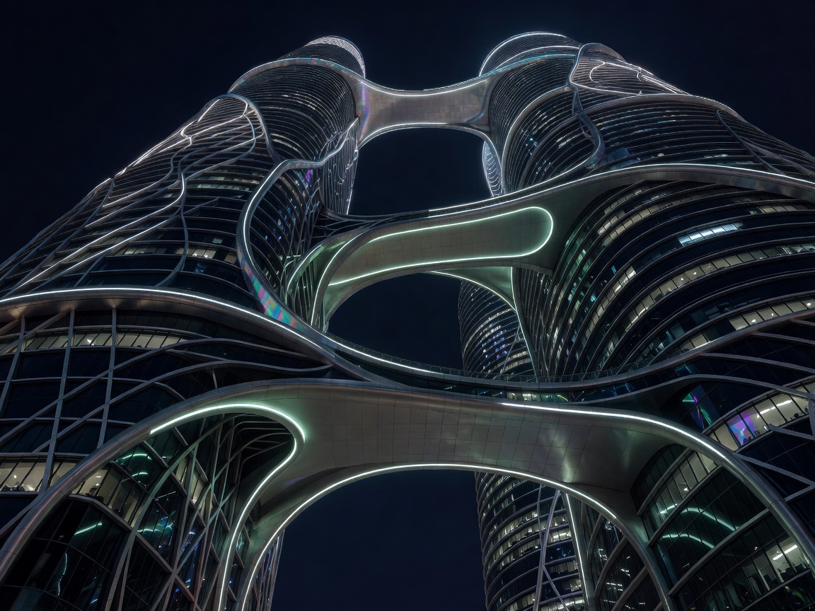 Illuminated sky bridges connecting massive skyscrapers