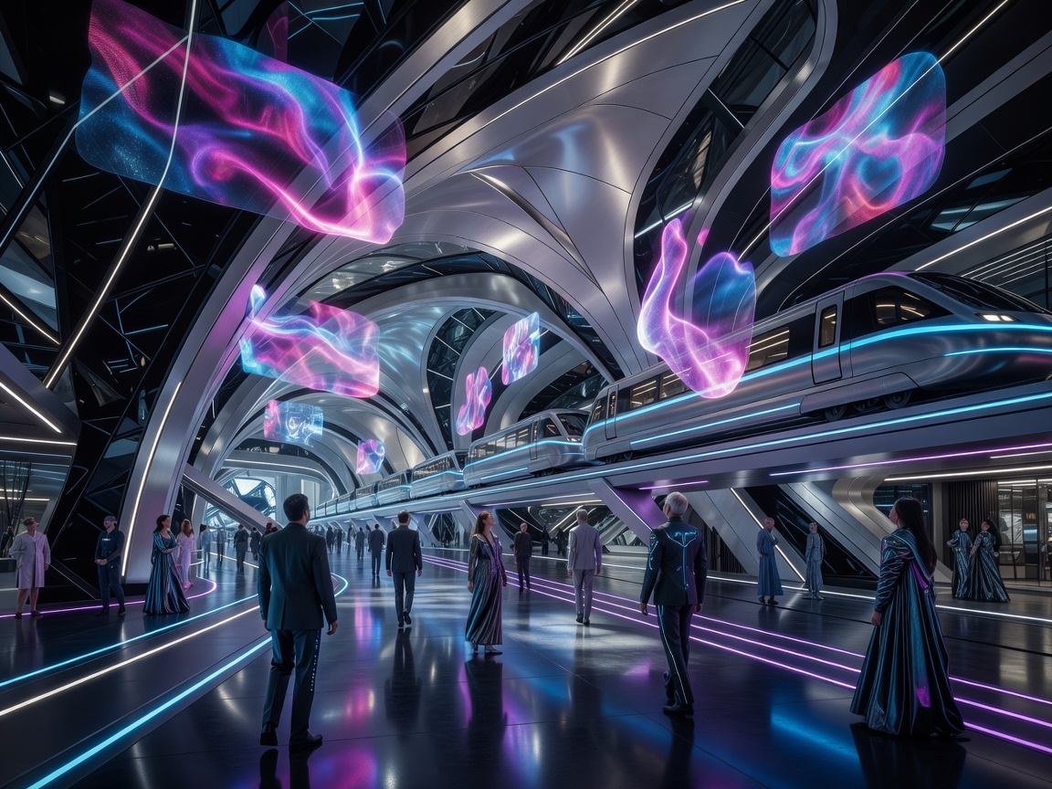 Futuristic transit hub with floating advertisements and neon accents